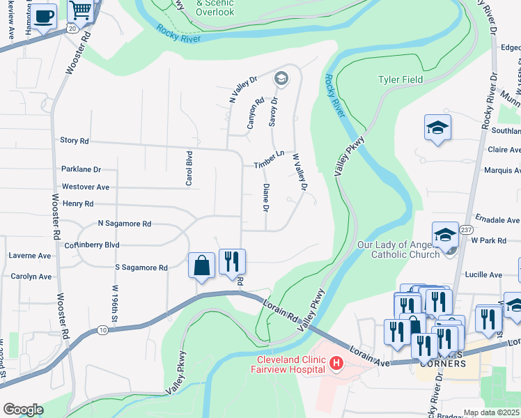 map of restaurants, bars, coffee shops, grocery stores, and more near 4120 Diane Drive in Fairview Park