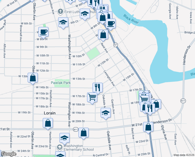 map of restaurants, bars, coffee shops, grocery stores, and more near 755 W 13th St in Lorain