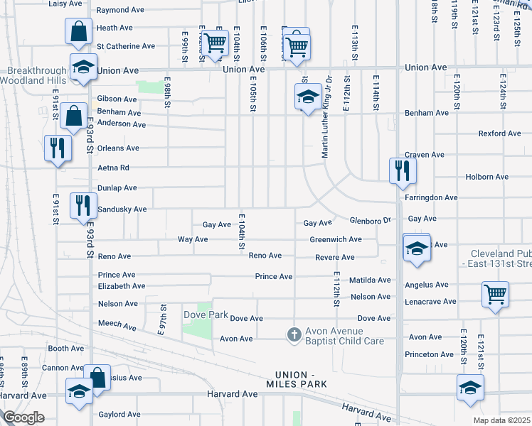 map of restaurants, bars, coffee shops, grocery stores, and more near 10520 Sandusky Avenue in Cleveland