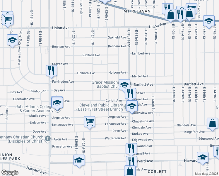 map of restaurants, bars, coffee shops, grocery stores, and more near 12701 Gay Avenue in Cleveland
