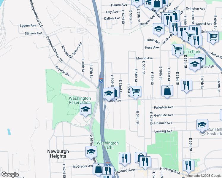 map of restaurants, bars, coffee shops, grocery stores, and more near 3714 East 50th Street in Cleveland