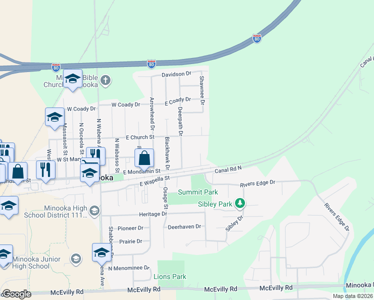 map of restaurants, bars, coffee shops, grocery stores, and more near 110 Deerpath Drive in Minooka