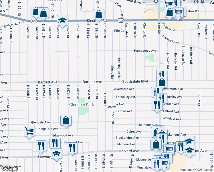 map of restaurants, bars, coffee shops, grocery stores, and more near 3763 East 154th Street in Cleveland