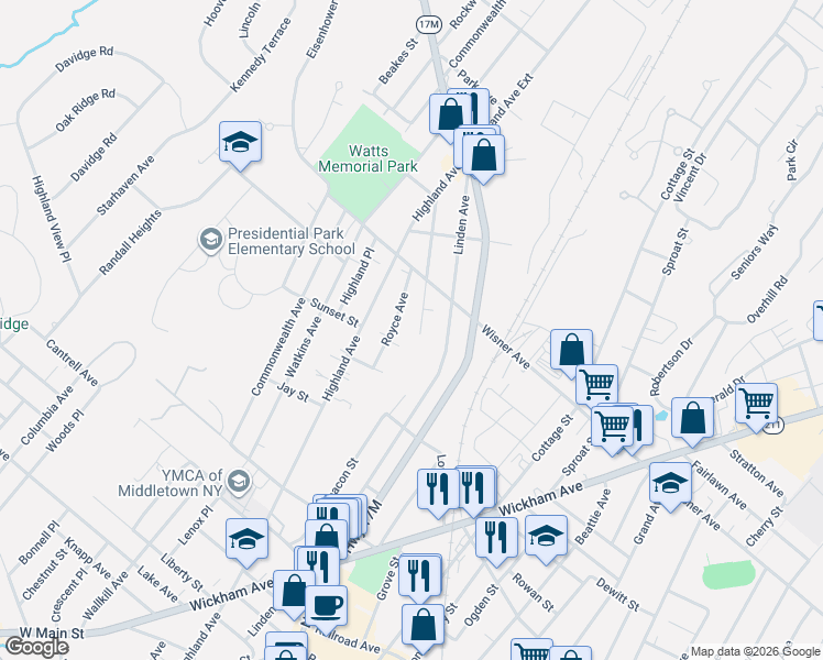map of restaurants, bars, coffee shops, grocery stores, and more near 24 Royce Avenue in Middletown