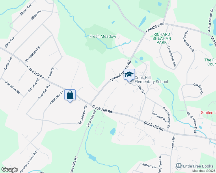 map of restaurants, bars, coffee shops, grocery stores, and more near 65 School House Road in Wallingford