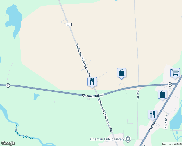 map of restaurants, bars, coffee shops, grocery stores, and more near 8661 Williamsfield Kinsman Road in Kinsman