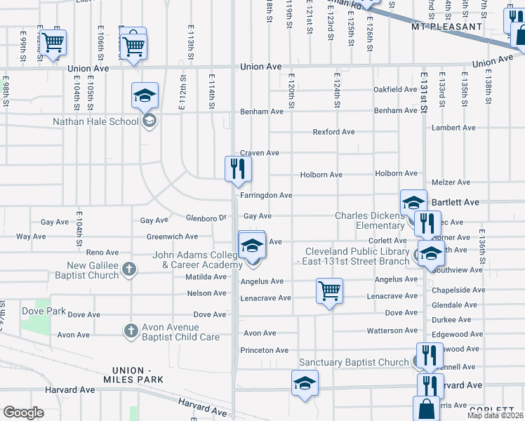 map of restaurants, bars, coffee shops, grocery stores, and more near 11705 Gay Avenue in Cleveland