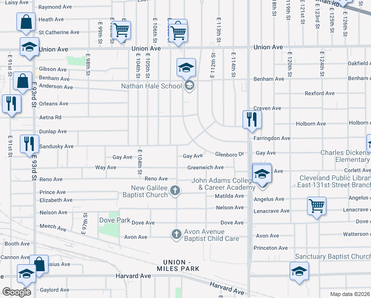 map of restaurants, bars, coffee shops, grocery stores, and more near 10902 Sandusky Avenue in Cleveland