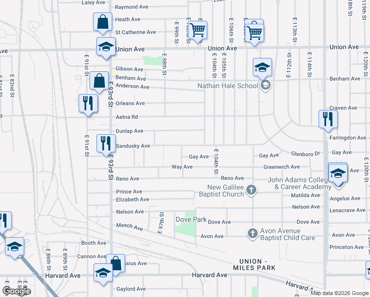 map of restaurants, bars, coffee shops, grocery stores, and more near 10006 Sandusky Avenue in Cleveland