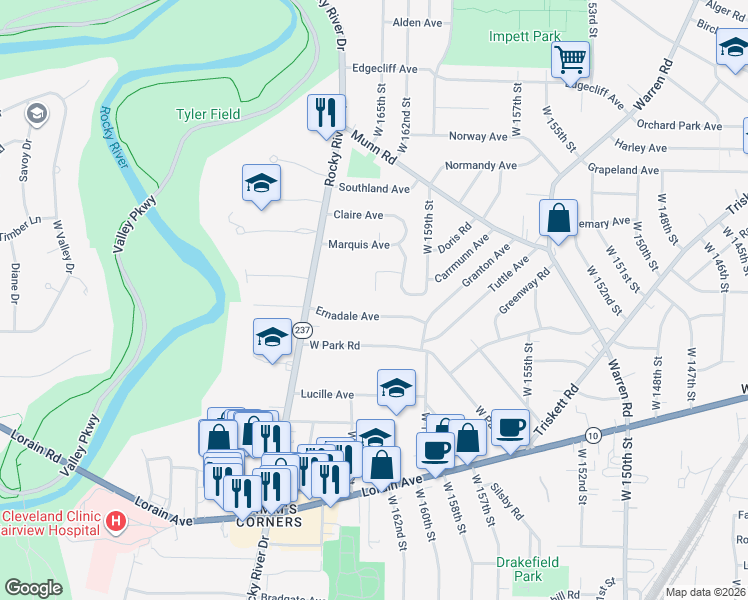 map of restaurants, bars, coffee shops, grocery stores, and more near 16708 Ernadale Avenue in Cleveland