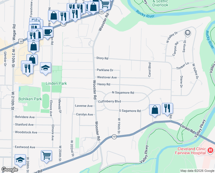 map of restaurants, bars, coffee shops, grocery stores, and more near 19765 Henry Road in Fairview Park
