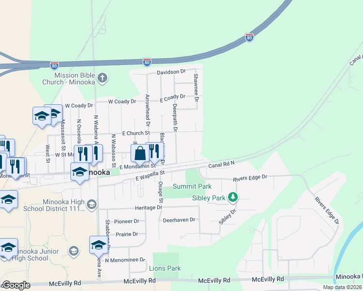 map of restaurants, bars, coffee shops, grocery stores, and more near 110 Deerpath Drive in Minooka