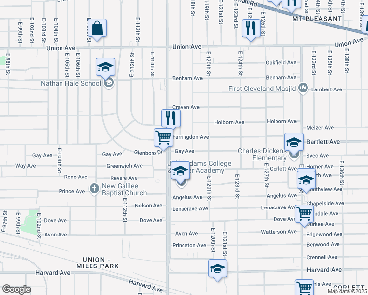 map of restaurants, bars, coffee shops, grocery stores, and more near 11705 Gay Avenue in Cleveland