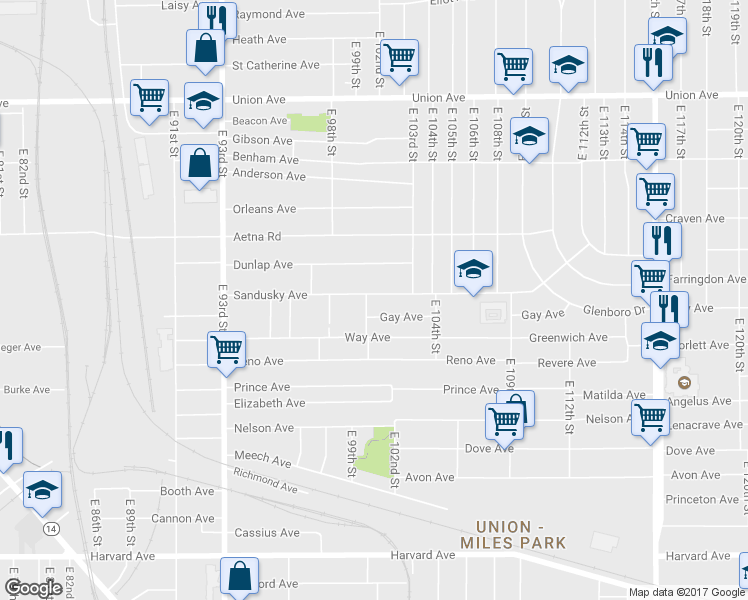 map of restaurants, bars, coffee shops, grocery stores, and more near 10006 Sandusky Avenue in Cleveland