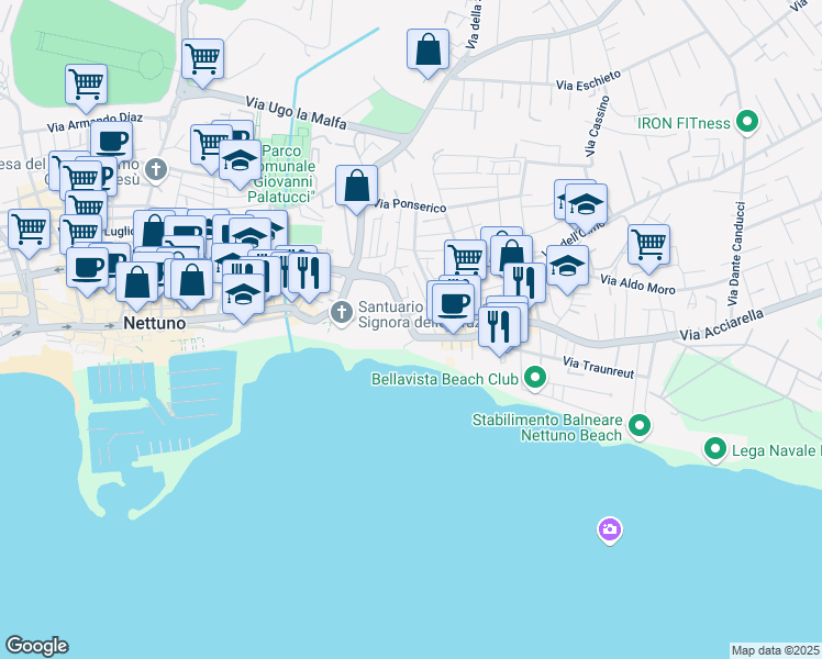 map of restaurants, bars, coffee shops, grocery stores, and more near 10 Via della Liberazione in Nettuno