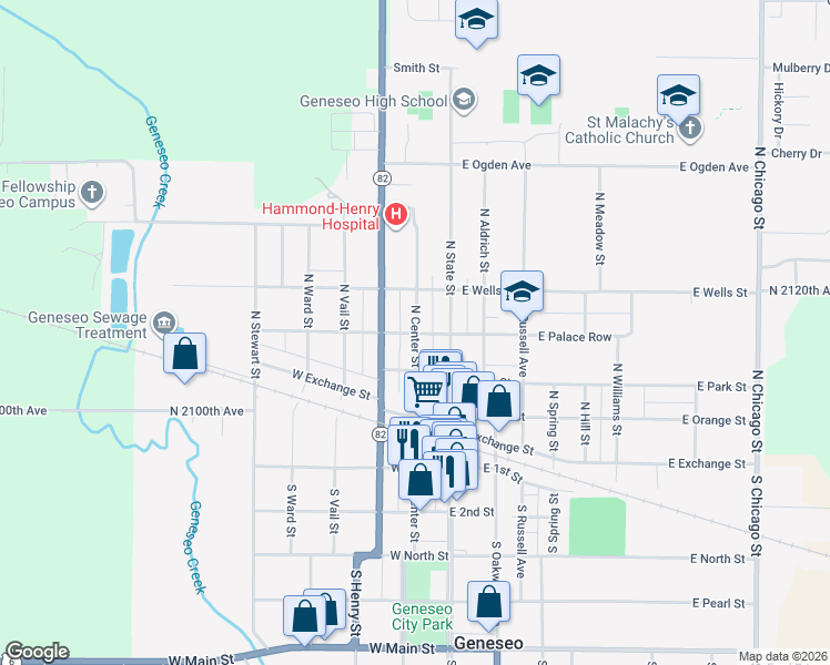 map of restaurants, bars, coffee shops, grocery stores, and more near 201 West Palace Row in Geneseo