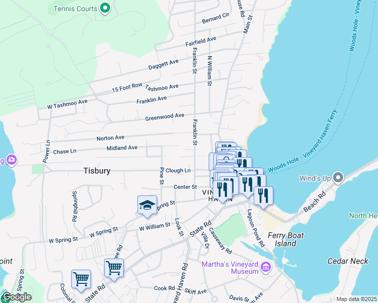 map of restaurants, bars, coffee shops, grocery stores, and more near 100 Franklin Street in Tisbury