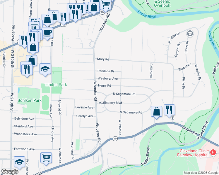 map of restaurants, bars, coffee shops, grocery stores, and more near 19765 Henry Road in Fairview Park
