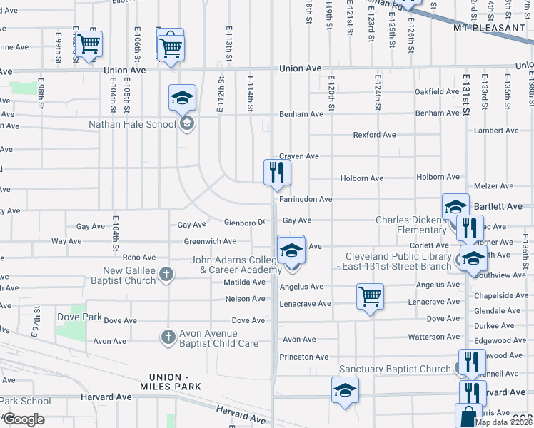 map of restaurants, bars, coffee shops, grocery stores, and more near 3740 East 116th Street in Cleveland