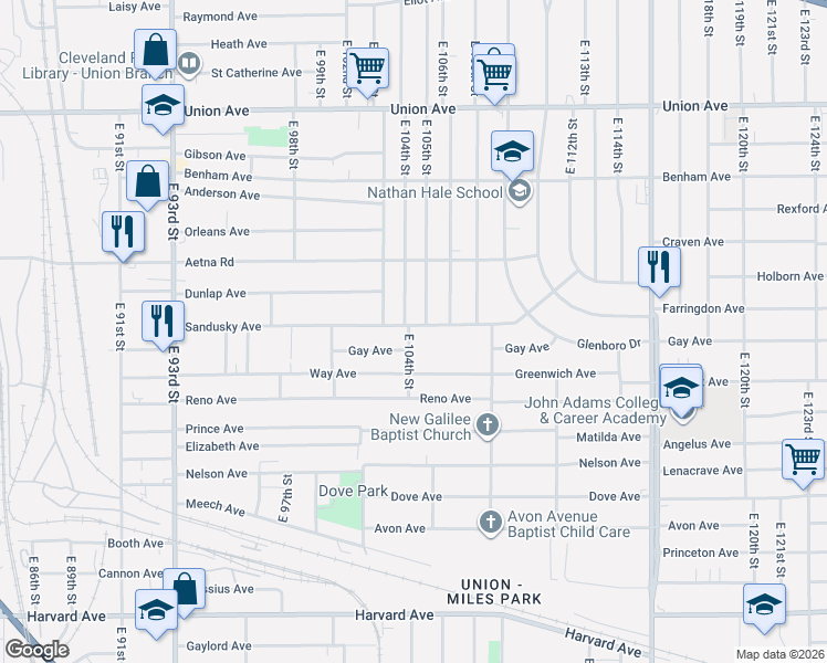 map of restaurants, bars, coffee shops, grocery stores, and more near 10410 Sandusky Avenue in Cleveland