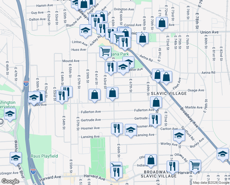 map of restaurants, bars, coffee shops, grocery stores, and more near 3722 East 65th Street in Cleveland