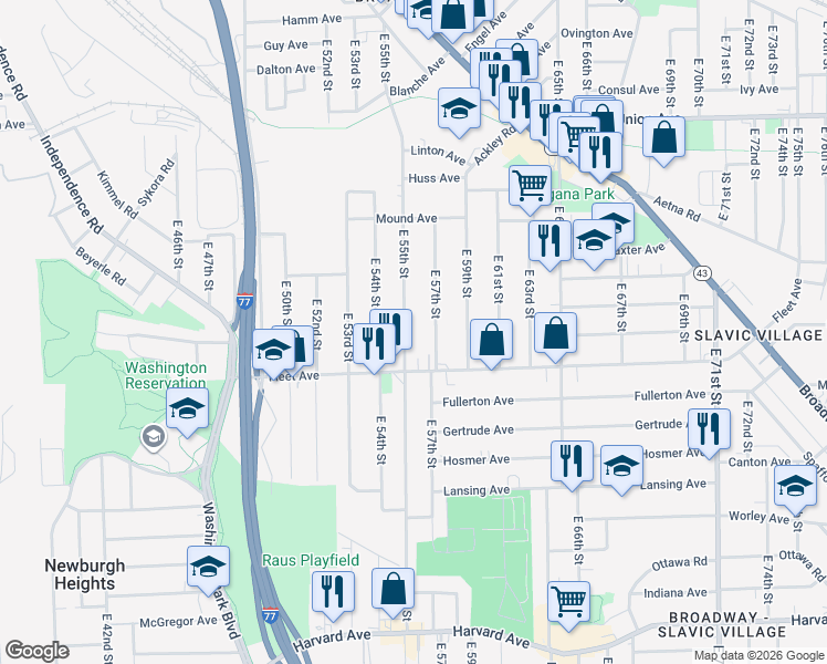 map of restaurants, bars, coffee shops, grocery stores, and more near 3717 East 55th Street in Cleveland