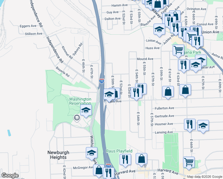 map of restaurants, bars, coffee shops, grocery stores, and more near 3714 East 50th Street in Cleveland