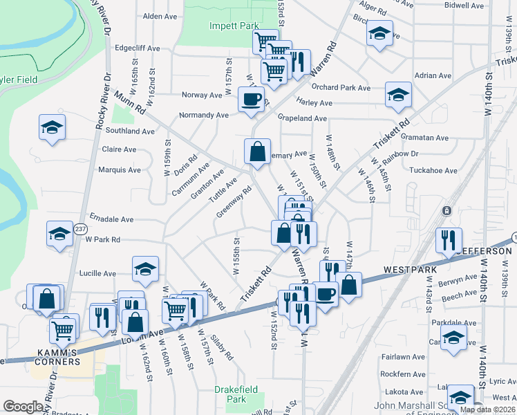 map of restaurants, bars, coffee shops, grocery stores, and more near 3582 Warren Road in Cleveland