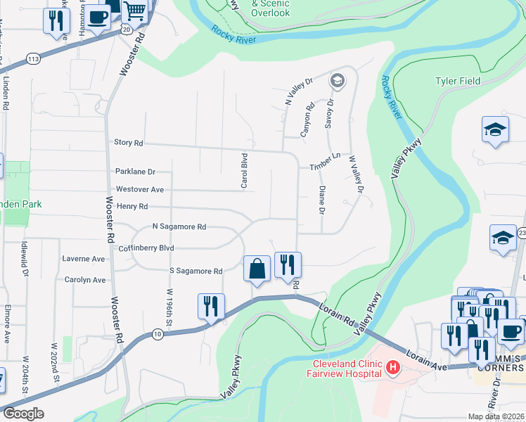 map of restaurants, bars, coffee shops, grocery stores, and more near 19070 Coffinberry Boulevard in Fairview Park