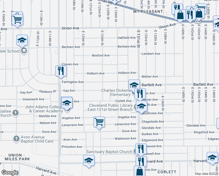 map of restaurants, bars, coffee shops, grocery stores, and more near 12509 Gay Ave in Cleveland