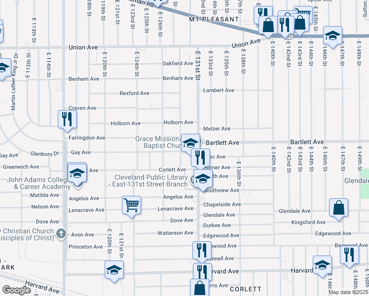 map of restaurants, bars, coffee shops, grocery stores, and more near 12905 Gay Avenue in Cleveland