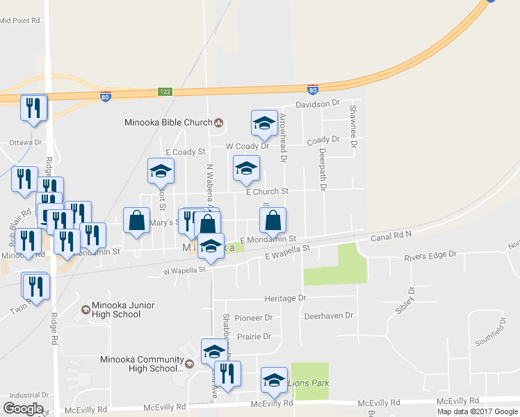 map of restaurants, bars, coffee shops, grocery stores, and more near 203 Illini Drive in Minooka