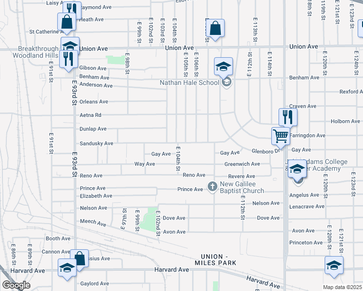 map of restaurants, bars, coffee shops, grocery stores, and more near 10410 Sandusky Avenue in Cleveland