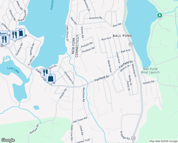 map of restaurants, bars, coffee shops, grocery stores, and more near 27 Albion Road in New Fairfield