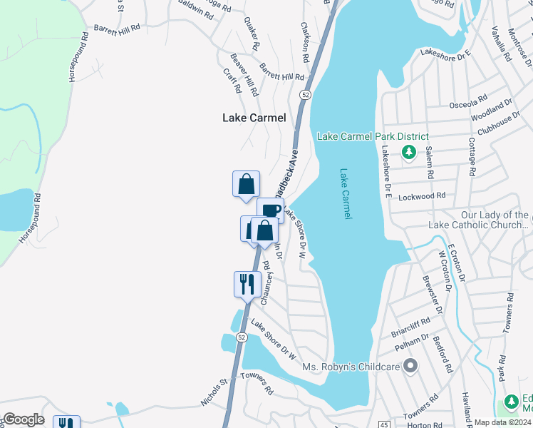 map of restaurants, bars, coffee shops, grocery stores, and more near 531 New York 52 in Carmel Hamlet