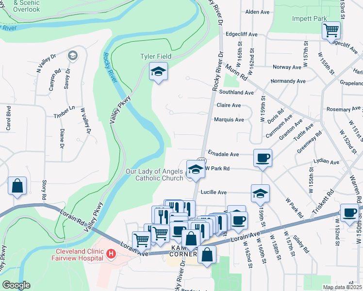map of restaurants, bars, coffee shops, grocery stores, and more near 17214 Ernadale Avenue in Cleveland