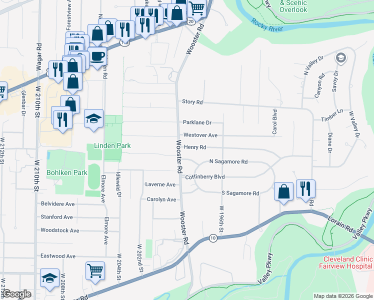 map of restaurants, bars, coffee shops, grocery stores, and more near 19885 Henry Road in Fairview Park