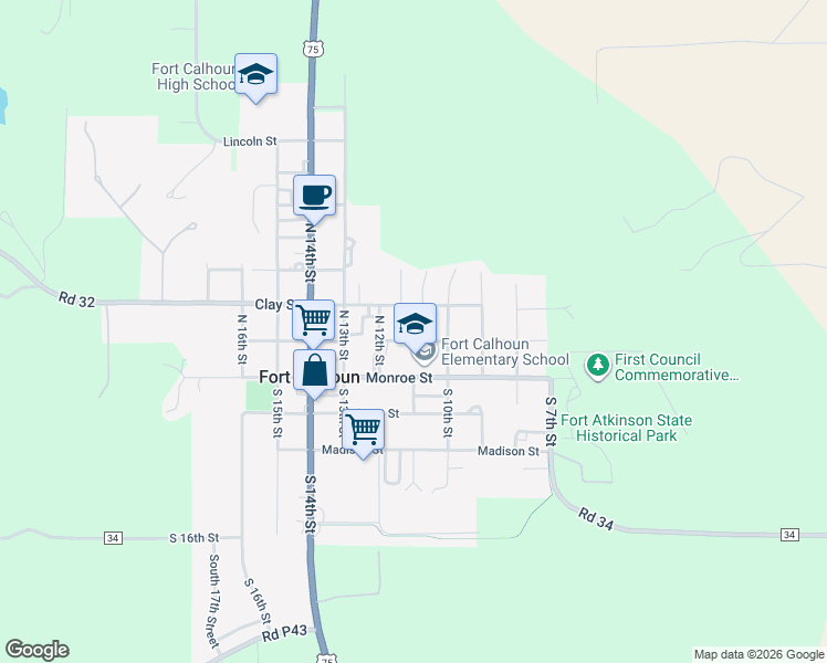 map of restaurants, bars, coffee shops, grocery stores, and more near 206 North 11th Street in Fort Calhoun