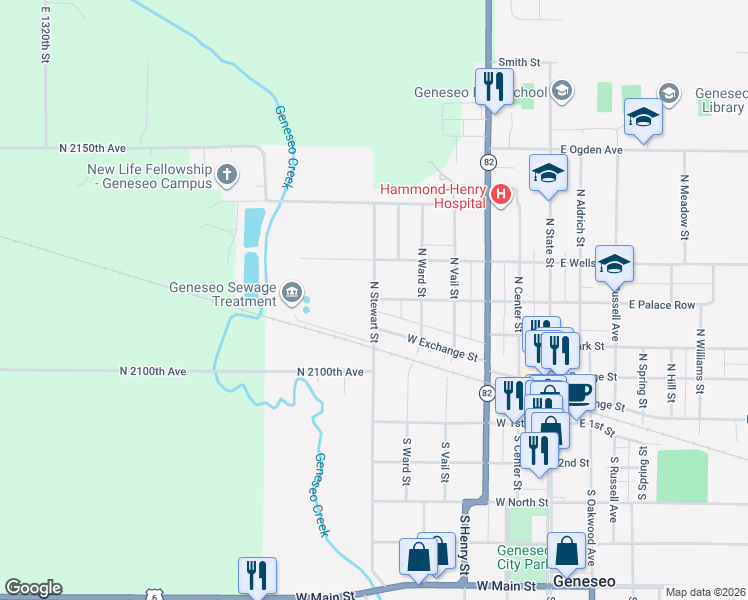 map of restaurants, bars, coffee shops, grocery stores, and more near 540 W Palace Row in Geneseo