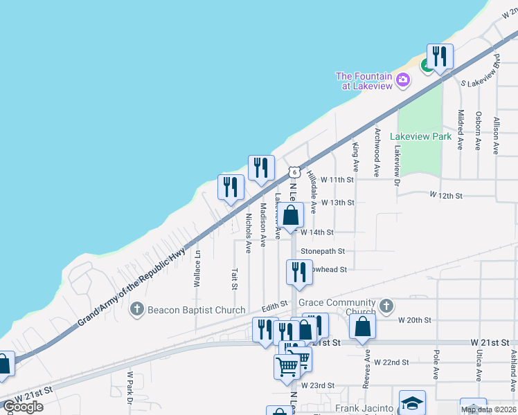 map of restaurants, bars, coffee shops, grocery stores, and more near 1306 Madison Avenue in Lorain