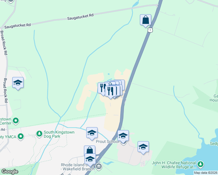 map of restaurants, bars, coffee shops, grocery stores, and more near 1 Grande Isle Drive in South Kingstown