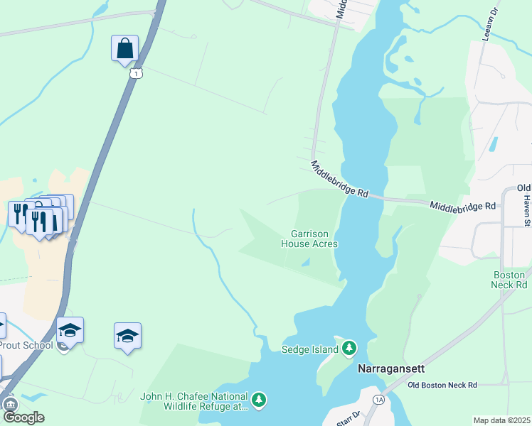map of restaurants, bars, coffee shops, grocery stores, and more near 160 Middlebridge Road in South Kingstown