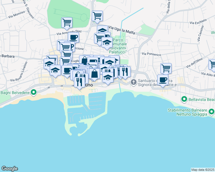 map of restaurants, bars, coffee shops, grocery stores, and more near Via Amerigo Vespucci in Nettuno