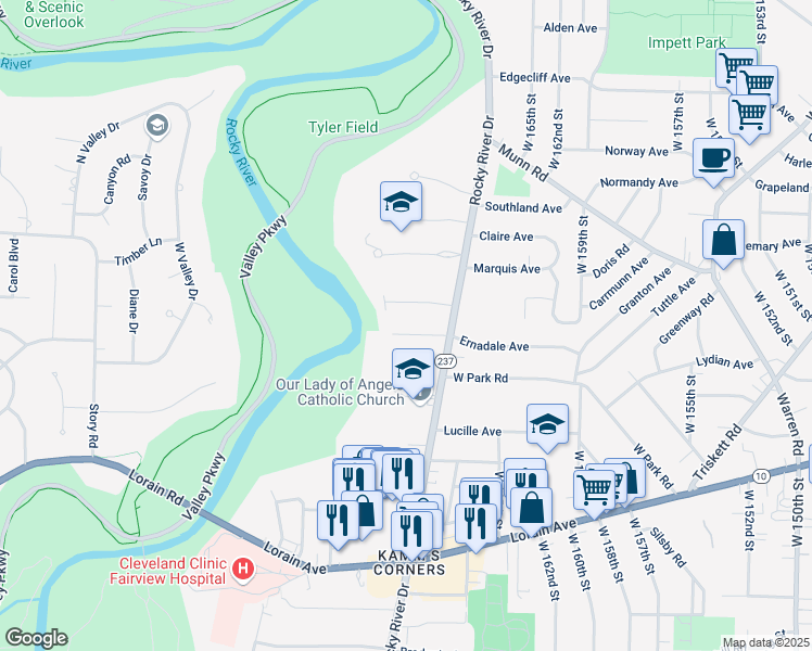 map of restaurants, bars, coffee shops, grocery stores, and more near 17214 Ernadale Avenue in Cleveland