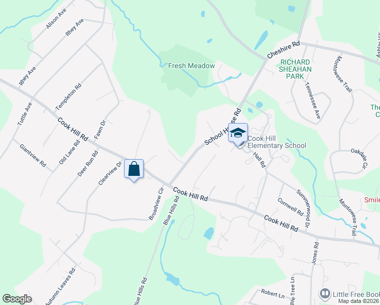 map of restaurants, bars, coffee shops, grocery stores, and more near 65 School House Road in Wallingford