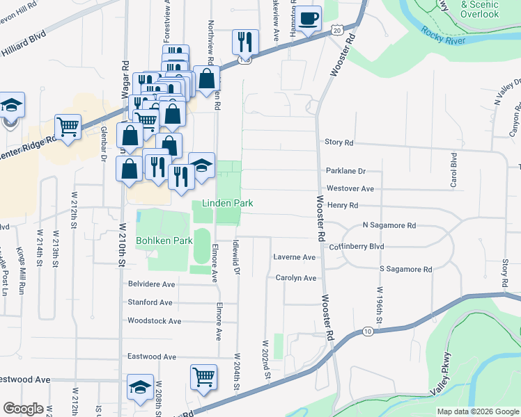 map of restaurants, bars, coffee shops, grocery stores, and more near 20278 Westhaven Lane in Rocky River