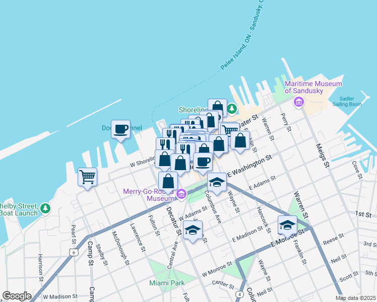 map of restaurants, bars, coffee shops, grocery stores, and more near 102 Columbus Avenue in Sandusky