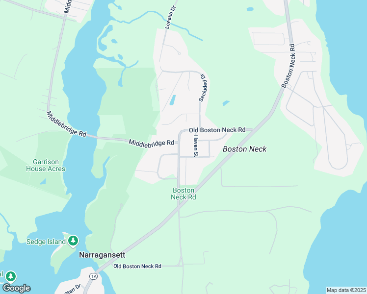 map of restaurants, bars, coffee shops, grocery stores, and more near 223 Old Boston Neck Road in Narragansett