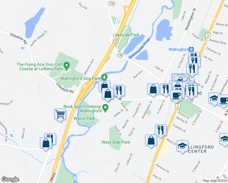map of restaurants, bars, coffee shops, grocery stores, and more near 2 Bull Avenue in Wallingford
