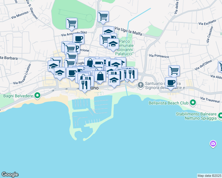 map of restaurants, bars, coffee shops, grocery stores, and more near 3 Via Amerigo Vespucci in Nettuno